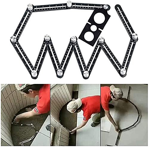 Outil de Template - Gabarit d'angle - Règle de mesure multi-angle - En alliage d'aluminium - 12 côtés - Outil de tuiles avec trou - Noir