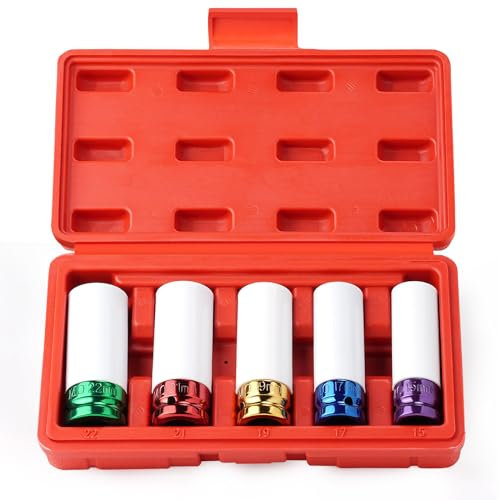 Drado Jeu de 5 douilles à chocs pour jantes aluminium, 1/2 Douilles à Impact avec manchon en plastique pour protéger la jante lors du changement de pneus (15/17/19/21/22 mm)