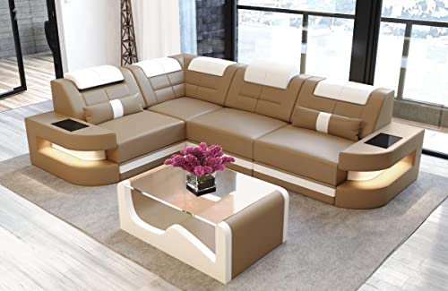 Sofa Dreams Ecksofa Como L Form Ledersofa - mit LED Beleuchtung, verstellbare Kopfstützen, Lederfarben wählbar/Ausrichtung wählbar (Ecke Links, Sandbeige-Weiß)