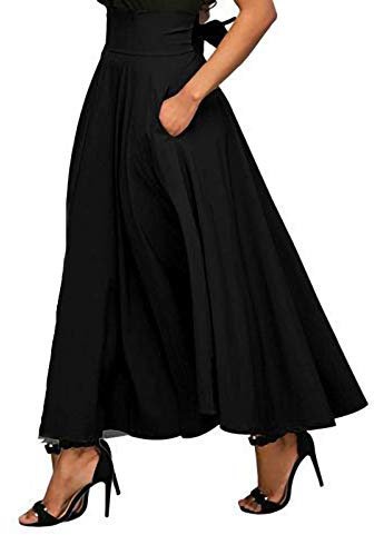 Lang Gedruckter Rock Elastische Taille Maxirock Chiffon Rock Elastisch Chiffon Rock Lang Strandrock Langrock Prinzessin (Black, XXL)