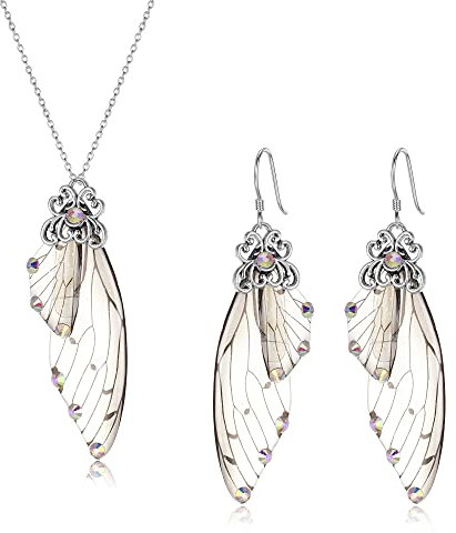 Clearine Schmuckset mit Schmetterling Flügeln Simulation Insekten Feenflügel Anhänger Halskette und Ohrringe Set für Damen Iridescent AB Silber-Tone