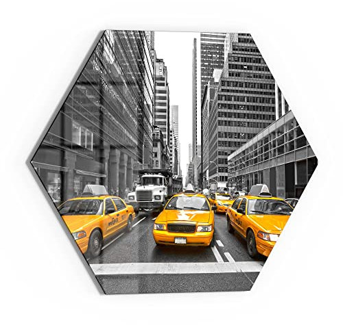 DEQORI Glasbild Echtglas | Motiv Gelbe Taxis in New York | sechseckig einteilig 40x34,5 cm | schöne Dekoration | Wandbild für Wohnzimmer, Schlafzimmer, Flur & Küche | moderne Wanddeko