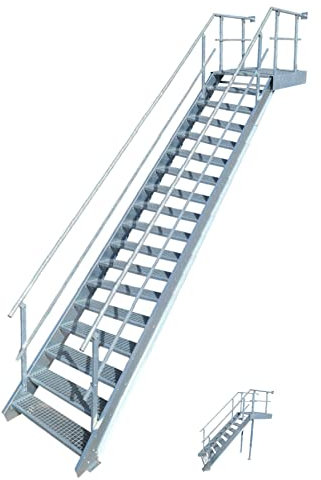 Podesttreppe / 17 Stufen + Podest Stahltreppe mit beids. Geländer/Stufenbreite 100cm / Geschosshöhe 299-360cm