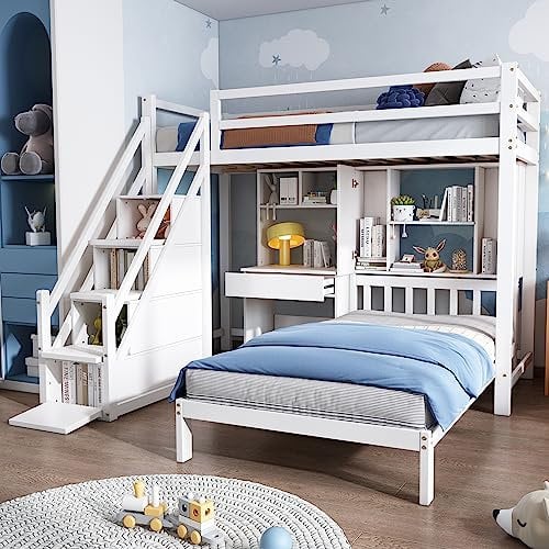 KecDuey Etagenbett multifunktionales 90 x 200cm Kinderbett, Doppelbett,Stauraumfunktion, mit Schreibtisch,Regale und Lattenrost