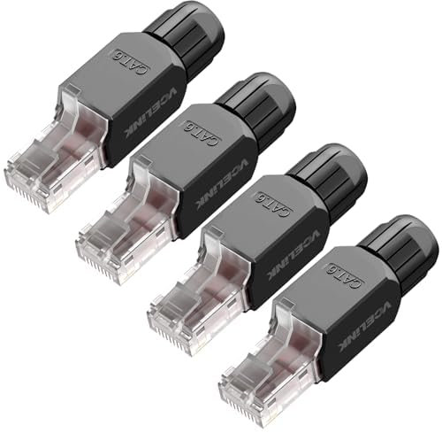 VCELINK Tool-Free RJ45 Connectors Toolless Cat6 Modular Plug Gold Plated Cat6 Ethernet Cable Ends for 23-26 AWG Network Cable 4 Pack Black
