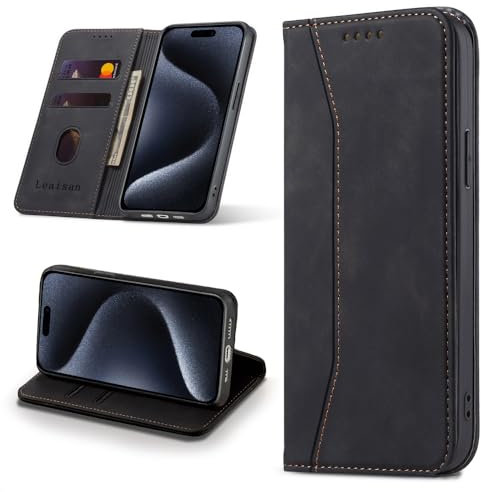 Leaisan Handyhülle für iPhone 15 Pro Hülle Premium Leder Flip Klappbare Stoßfeste Magnetische [Standfunktion] [Kartenfächern] Schutzhülle für iPhone 15 Pro 5G (6,1 Zoll) Tasche - Schwarz