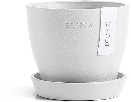 Ecopots Blumentopf Antwerp Mini Weiß - Durchmesser Ø 11 cm rund groß - mit Untersetzer - Pflanzentopf aus Recycling Kunststoff - Übertopf modern für Indoor und Outdoor