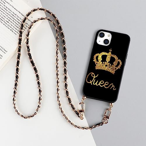 Pnakqil Handykette Hülle für iPhone 15 Plus 6.7 mit Band, Schwarz Silikon Stoßfest Handyhülle mit Metallkette zum Umhängen, Aesthetic Muster Ultra dünn Schutzhüll für Frauen und Mädchen,Queen