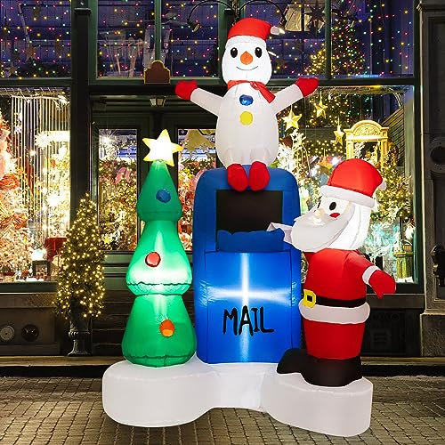COSTWAY Gonfiabili Natalizi da 185 cm, Cassetta Postale Illuminata Babbo Natale Pupazzo di Neve Albero di Natale con Luci LED Incorporate, Decorazione Natalizia Gonfiabile per Interni ed Esterni