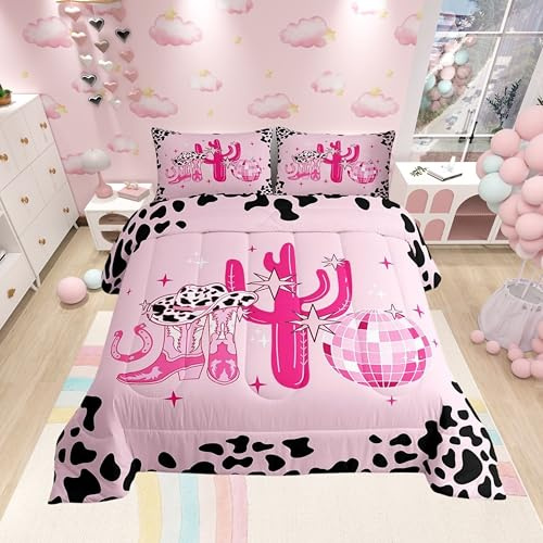Castle Fairy Western-Cowboy-Bettwäsche-Set, Cowgirl-Bettwäsche-Set für Kinder, Mädchen, Damen, Erwachsene, rosa und schwarz, gestepptes Bettbezug-Set, Schlafzimmer-Kollektion, Doppelgröße, 2-teilig