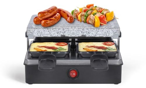 bmf-versand® Raclette 4 Personen Grill Heißer Stein - Tischgrill Elektrisch 600 Watt - Elektro Grill mit Steinplatte - 4 Pfännchen mit Antihaftbeschichtung - Abnehmbare Granit Grillplatte