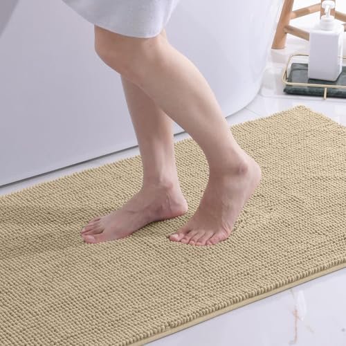 OLANLY Chenille Badematte rutschfest Badezimmerteppich, 60x90 cm | Waschbar Badteppich Badvorleger Saugfähige Duschvorleger Badezimmer Deko, Beige