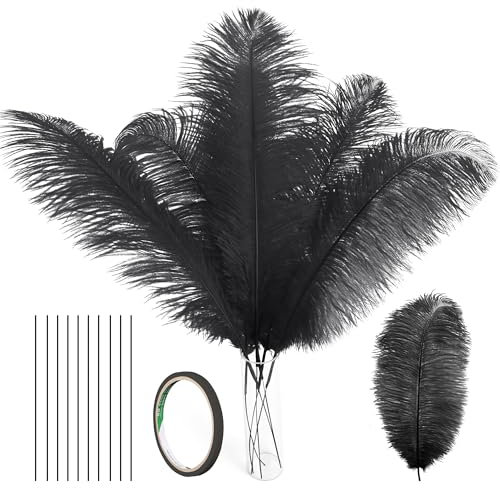 Crenze 10pcs Ostrich Feathers 12-14inch(30-35cm) with Extension Tubes for Home Wedding Decoration Offers 10 Colors (Black)