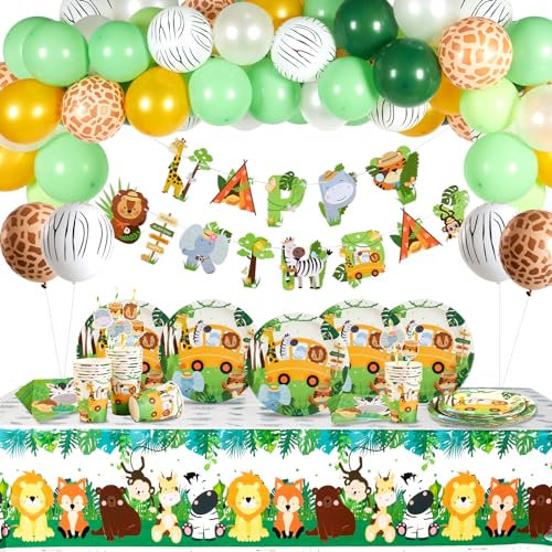 SUNBEAUTY 111 Stück Dschungel Deko Geburtstag Set mit Luftballons Banner Geschirr Wild One Safari Deko für Jungen Kindergeburtstag Partydekoration(16 Gäste)