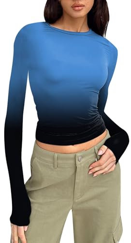 Guotobe Damen Langarmshirt Sexy, Elegant Langarm Top Slim Fit Rundhals Oberteile Bluse Basic Crop Tops Y2k Große Größen Langarmshirt Bequemer Sexy Eng Shirts Sport Casual Streetwear