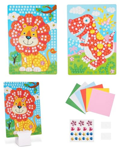 AUAUY Mosaik-Set für Kinder, Dinosaurier + Löwe Sticky Mosaics Travel Pack, DIY Diamanten Mosaike, Glitter Moosgummi Mosaik-Bild, Kinder Bastelset Geschenke für Mädchen Jungen Basteln ab 4 Jahre