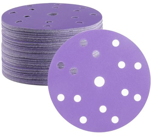 50PCS Purple Film Sandpaper Discs, 6 Inch 15 Hole 150mm Sanding Discs, 320 Grit Ceramic Abrasives Hook & Loop Wet Dry Film Discs for Car Paint Wood Metal Grinding and Polishing