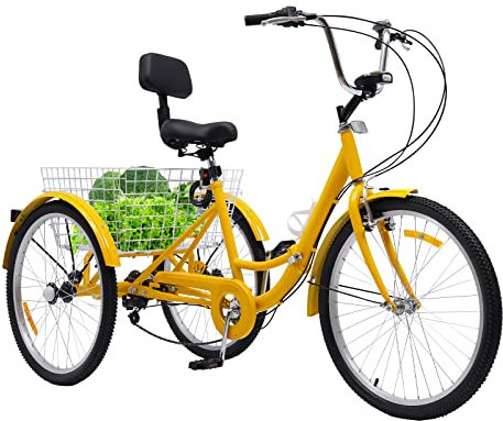 TESUGN Dreirad für Erwachsene, 24 Zoll Faltbar Erwachsene Dreirad mit LED Licht und Korb, 3 Räder 7 Gang Fahrräder aus Kohlenstoffstahl, Verstellbare Senioren Trike Cruise Einkaufsrad, Gelb