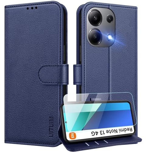 UITUIM Coque pour Xiaomi Redmi Note 13 4G (Pas pour 5G) Coque Etui Portefeuille Cuir avec Verre Trempé Protection Écran Porte Carte Rabat Clapet Pochette Flip Case Étui Cover Housse Etui,Bleu