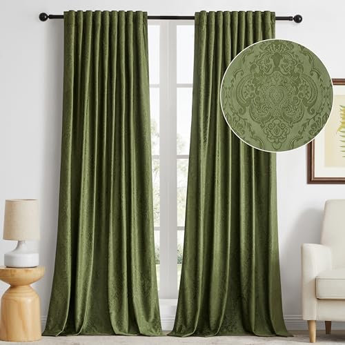GIGIZAZA Grüne Samtvorhänge, 308 cm lang, für Wohnzimmer, 2 Paneele, luxuriös, Vintage-Vorhänge, Blumenprägung, Verdunkelung, Fenstervorhang, Thermovorhang für Schlafzimmer