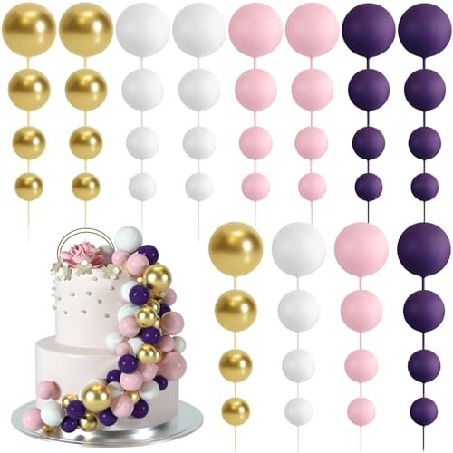 BOUBONI 48 Stück Tortendeko Kugeln Cake Topper Kuchen Kugeln Dekorationen Ballon Cupcake Tortenaufleger für Geburtstag Party Hochzeit Babyparty Kuchendekoration (Rosa, Lila, Weiß, Gold)