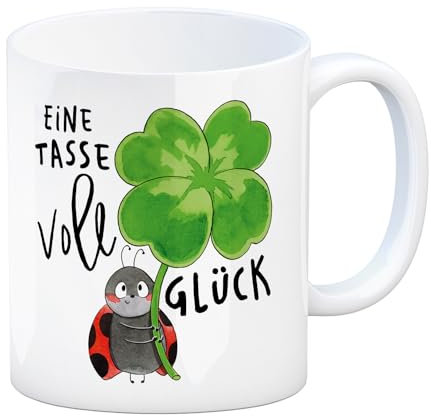 Marienkäfer Kaffeebecher mit Spruch Eine Tasse voll Glück Marienkäfer-Tasse als Glücksbringer Klee Pilz Design Frühlingsgrüße für Gesundheit