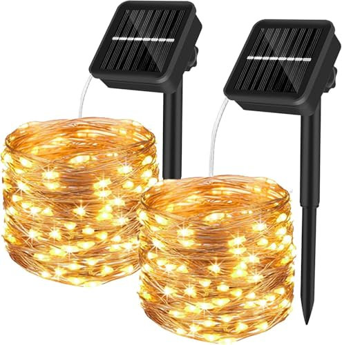Yizhet Guirnaldas Luces Exterior Solar, 2 Piezas 15+2M 150 Led Cadena de Luces Solares, 8 Modos, Impermeable IP65, Luz Blanca Cálida, Total 34M 400 Led para Navidad, Bodas, Terraza, Patio, Jardines