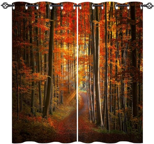 ANHOPE Herbst Wald Baum Pfad Vorhänge mit Ösen Weich Gardinen Blickdichte Thermo Vorhang Blackout Curtain Schlafzimmer Wohnzimmer Verdunklungsvorhänge 2er Set H 175 x B 140 cm