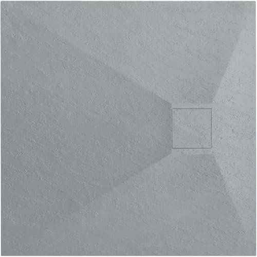 VBChome Duschwanne 90 x 90 x 2,5 cm Grau Steinstruktur Duschtasse Extra Flach Quadratisch Ablaufgarnitur Abdeckplatte SMC Verbundwerkstoff Universelle Installation Siphon (Grau, 90x90 cm)