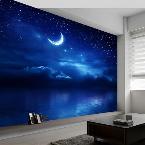Papier Peint Intissé Étoile de Ciel Nocturne Bleu Foncé 350 x 256 cm (L x H), Décoration Murale Poster Tableaux Muraux Tapisserie Papier peint Photo Lune de Rêve pour Salon Chambre de Enfants