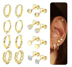 CASSIECA 8 Paar Ohrring Set, Ohrstecker Gold, 316L Chirurgenstahl Medizinische Ohrringe Set Cubic Zirkonia Runde Creolen Hypoallergene Knorpel Huggie Hoop Ohrringe Mehrfach-Piercing Ohr