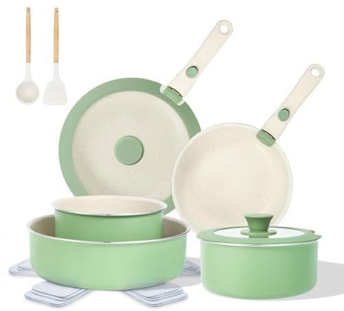 M MELENTA Pots and Pans Sets Non Stick, 16pcs Induction Hob Pan Set Removable Handle, Stackable Granite Cookware Set, Oven Safe Saucepan Set, RV Cooking Pot Set, Green