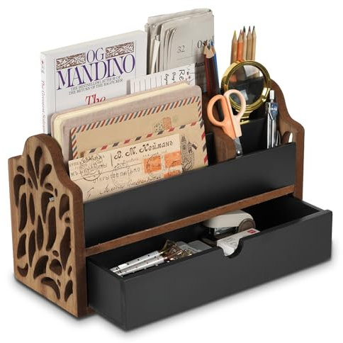 Optyuwah Organiseur de bureau en bois avec tiroir, porte-lettres avec tiroir, rangement de bureau, étagère, porte-stylos, porte-documents, étagère à courrier (Noir.)