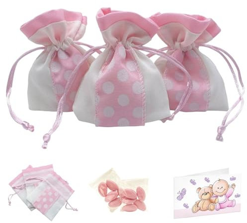 Doni Bomboniere Set Nascita: 12 Sacchetti Cotone Rosa Portaconfetti con Fascia a Pois, 12 Bustine Confetti, 12 Bigliettini Personalizzabili per Festa