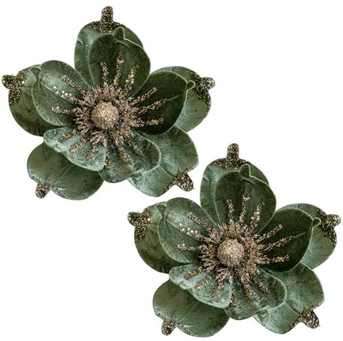Luxylei Terciopelo Navidad Poinsettia Borgoña 2 Uds Artificial Verde/Rojo Magnolia Flor Adornos Picos Tallos para Decoración De Árbol De Navidad