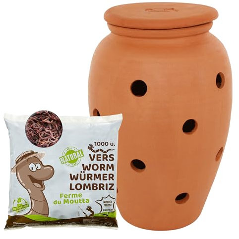 WORMacotta | Lombricomposteur 6,5L en Terre Cuite à enterrer | 250gr de vers de Compost | Transformez Votre jardinière en lombricomposteur | Compostez Vos déchets organiques