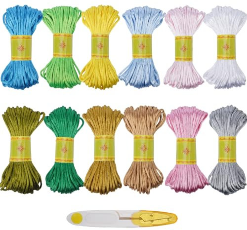 FOGAWA 12 Rouleaux Fil Nylon pour Bracelet et Bijoux 2.5mm * 10m Cordon Satin à Queue de Rat Cordon en Soie à Bordure en Nylon Fil pour Bracelet d'amié Collier Fabrication de Bijoux