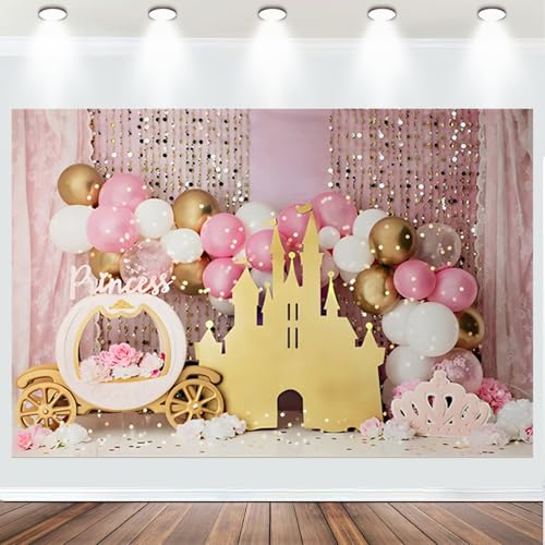Fabric 7x5ft Princess Girl Birthday Backdrop Sweet Pink Balloons Princess Castle Carriage Scene Girls Happy Birthday Baby Shower Party Decorations Cake Smash Banner Photography Background