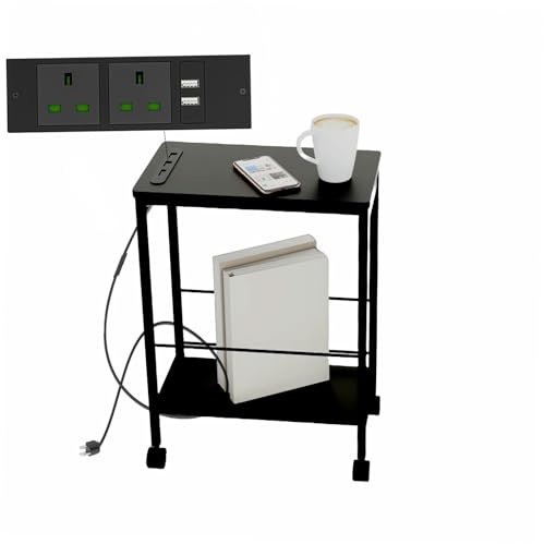 DEILALY Narrow Side Table, End Table with Charging Station, 3-Tier Nightstand, Bedside, Small Spaces with USB Ports, TypeC, Outlet, Drawer, for Living Room, Black