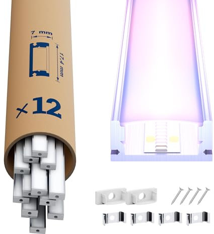 LASLUX 12x Profilé Aluminium pour Rubans LED 2M (24m) – Profilé aluminium design pour bande LED intérieure/extérieure, 17.4 x 7mm – Idéal pour rubans LED puissants jusqu’à 12.1mm de large