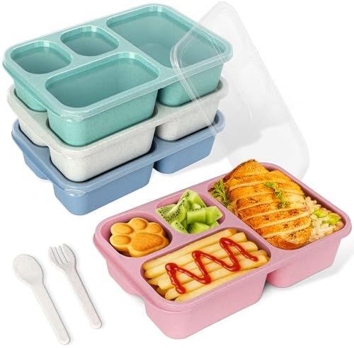 MUETKNYE 4 Pack Snack Containers Bento Lunch Box for Kids and Adults Stackable Lunch Reusable Meal Prep Boxes with 4 Compartments Divided Food Storage for Work School Picnic Travel