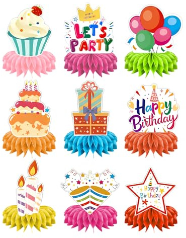9 Stück Tischdeko Geburtstag, Bunte Happy Birthday Deko, Geburtstag Bienenwabe Deko, Tischdeko Party, Partyzubehör für Kindergeburtstage
