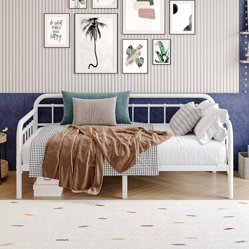 HAHRIR Tagesbett Bettgestell 90x190 cm, Robuste Stahl Plattformbett, Weiß | Metall Tagesbett 90x190 cm, stabile Stahlkonstruktion, robuste Latten, ideal als Gästebett für Schlafzimmer und Wohnzimmer