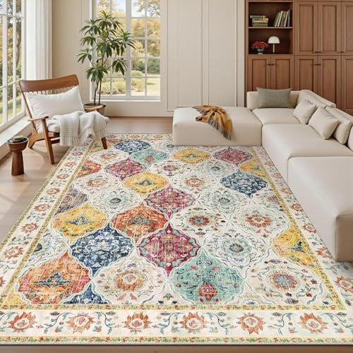 SHACOS Teppich Wohnzimmer 200x290 cm Groß, rutschfest Teppich Waschbar | Boho Weich Wohnzimmerteppich Bunt, Gummierte Rückseite, Kurzflor Vintage Teppich für Vorzimmer, Wohnzimmer, Schlafzimmer