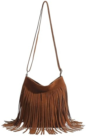 HuiYStar Sac Bandoulière Femme Franges Western Tote Bag Boho Pompon Hobo Sac à Épaule Vintage Suédine Petit Sac à Main