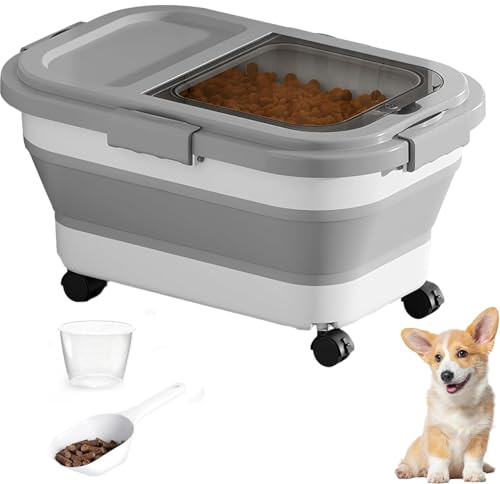 ZHUIYIWIN Pet Food Storage Container for Dogs/Cats, 15lbs Airtight Folding Dog Food Bin with Wheels,Handle, Cat Food Container with Lid and Measuring Cup Scoop (Grey)