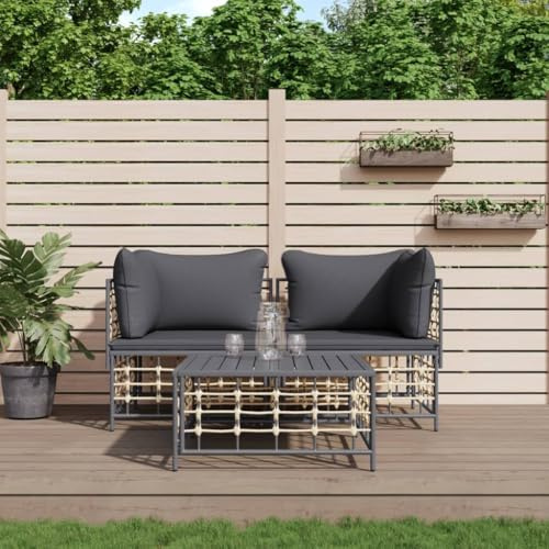 Frdhee Kleine Sofa Terrassenmöbel, 3-TLG. Garten-Lounge-Set mit Kissen Anthrazit Poly Rattan für Zuhause, Außen