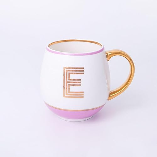 Bombay Duck Library Monogram Fine Bone China Mug, White & Blue with Pink & Gold Details, 450ml, Striped Gift Box, Hand Wash Only, Letter E