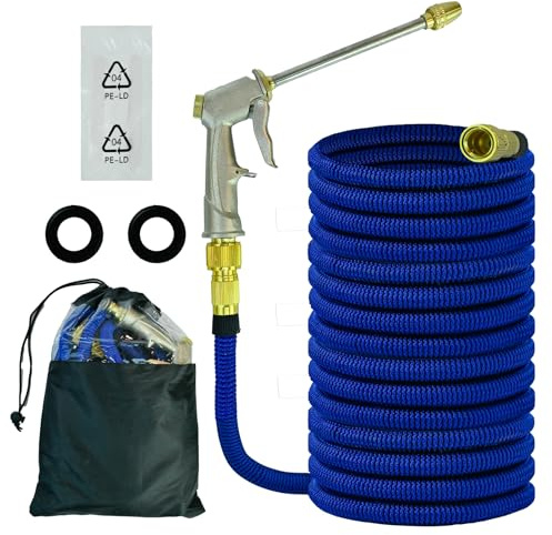 50 ft Expandable Garden Hose, 5-in-1 Water Hose with High Pressure Metal Water Gun, 4 Layers Latex and 3/4 Inch Solid Brass Fitting, Heavy Duty Hose Pipe for Gardening, Car Wash (Light Blue)
