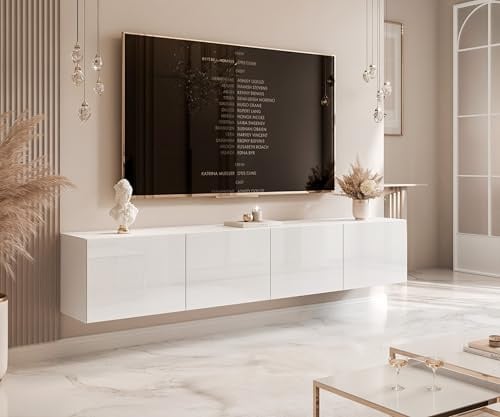 IDOHOME 200 cm TV Lowboard Weiß Hochglanz 200cm mit 4 Praktischen Großen Fächern und LED Beleuchtung - TV Board Hängend Passend Für Stilvolle Wohnräume